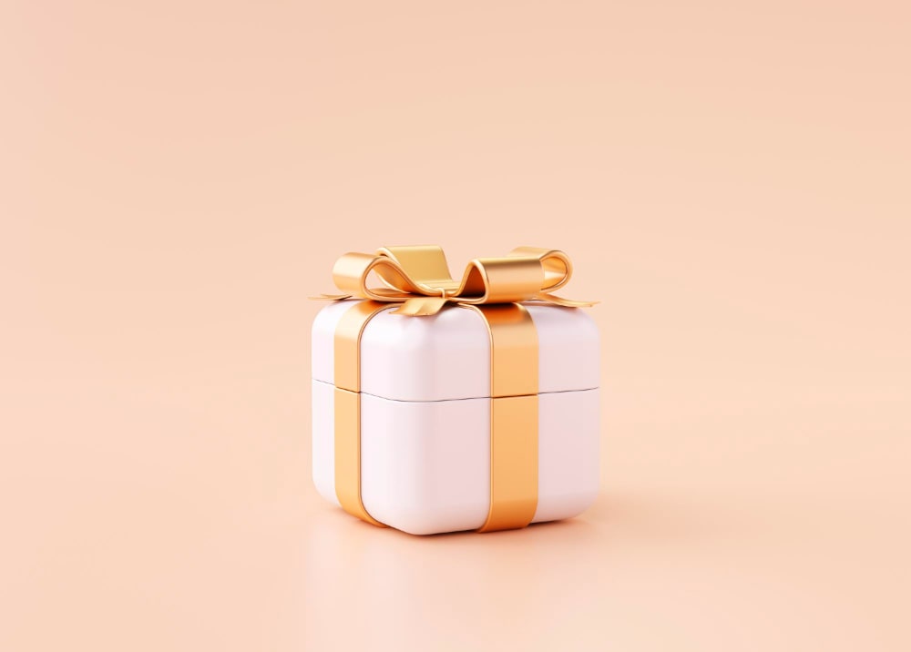 white-gift-box-with-gold-ribbon-present-surprise-cartoon-yellow-background-3d-illustration-min